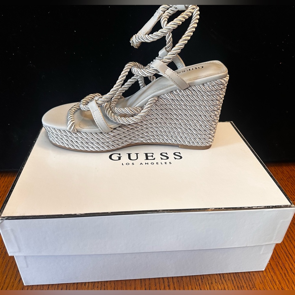 Guess Natesha Satin Rope Wedges Size 6 light Gray/Silver
